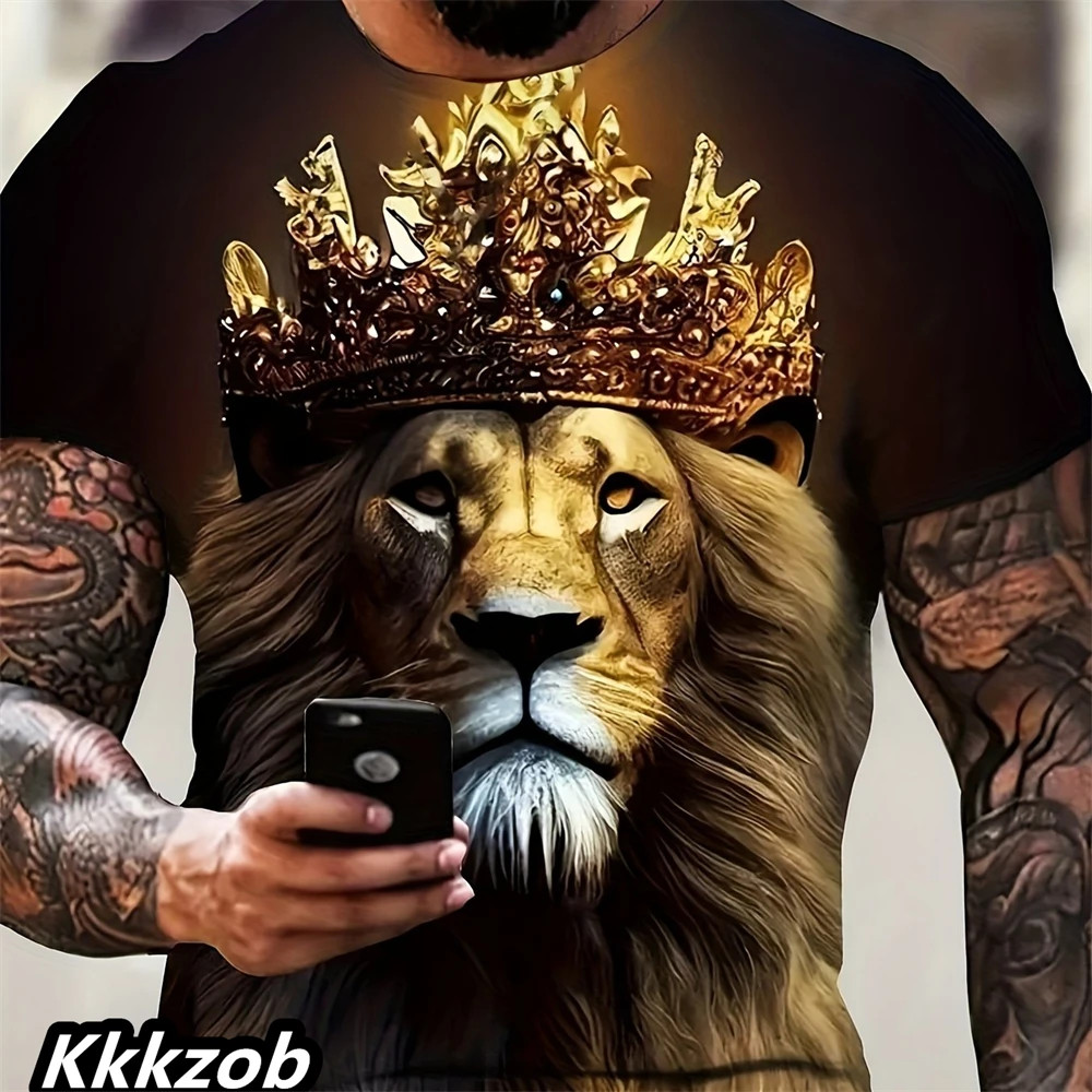 Mens Lion Print Short Sleeve Crew Neck T-Shirt Soft Breathable Casual Wear.
