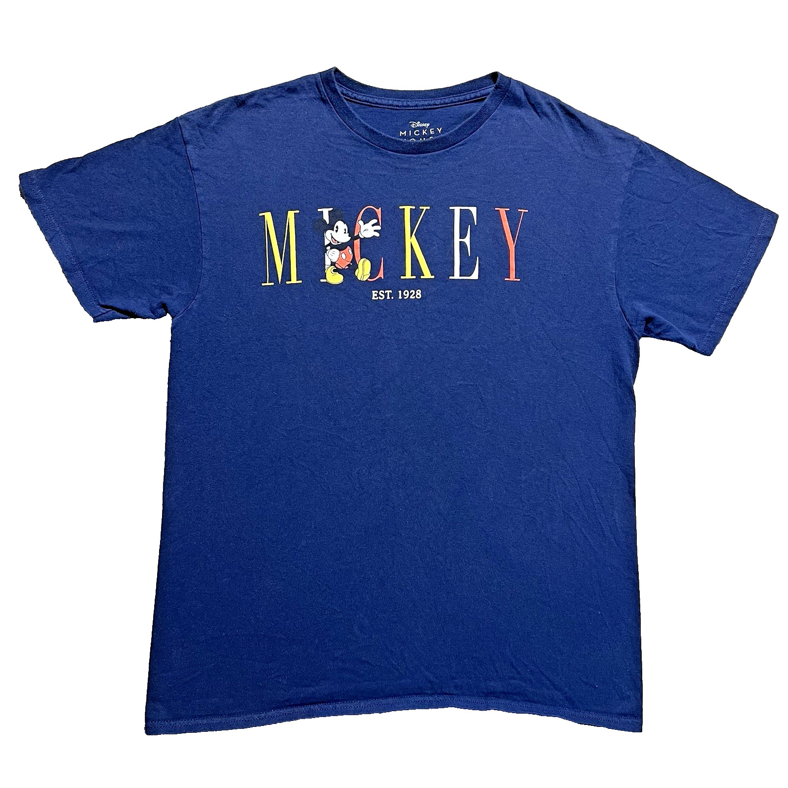 Mickey Mouse T Shirt Mens L Navy Blue Disney Script Spell Out