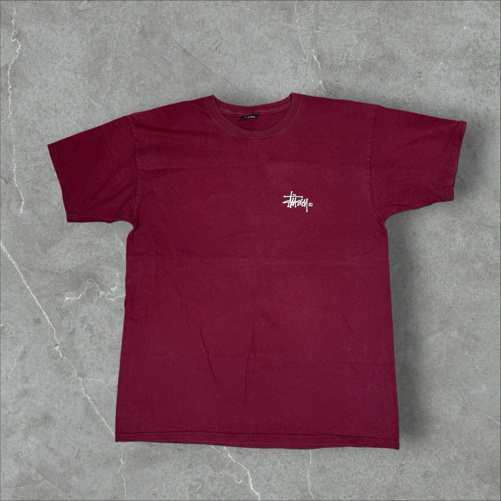 Stussy Men’s Burgundy Logo Crew Neck Short Sleeve Cotton Jersey T-Shirt L