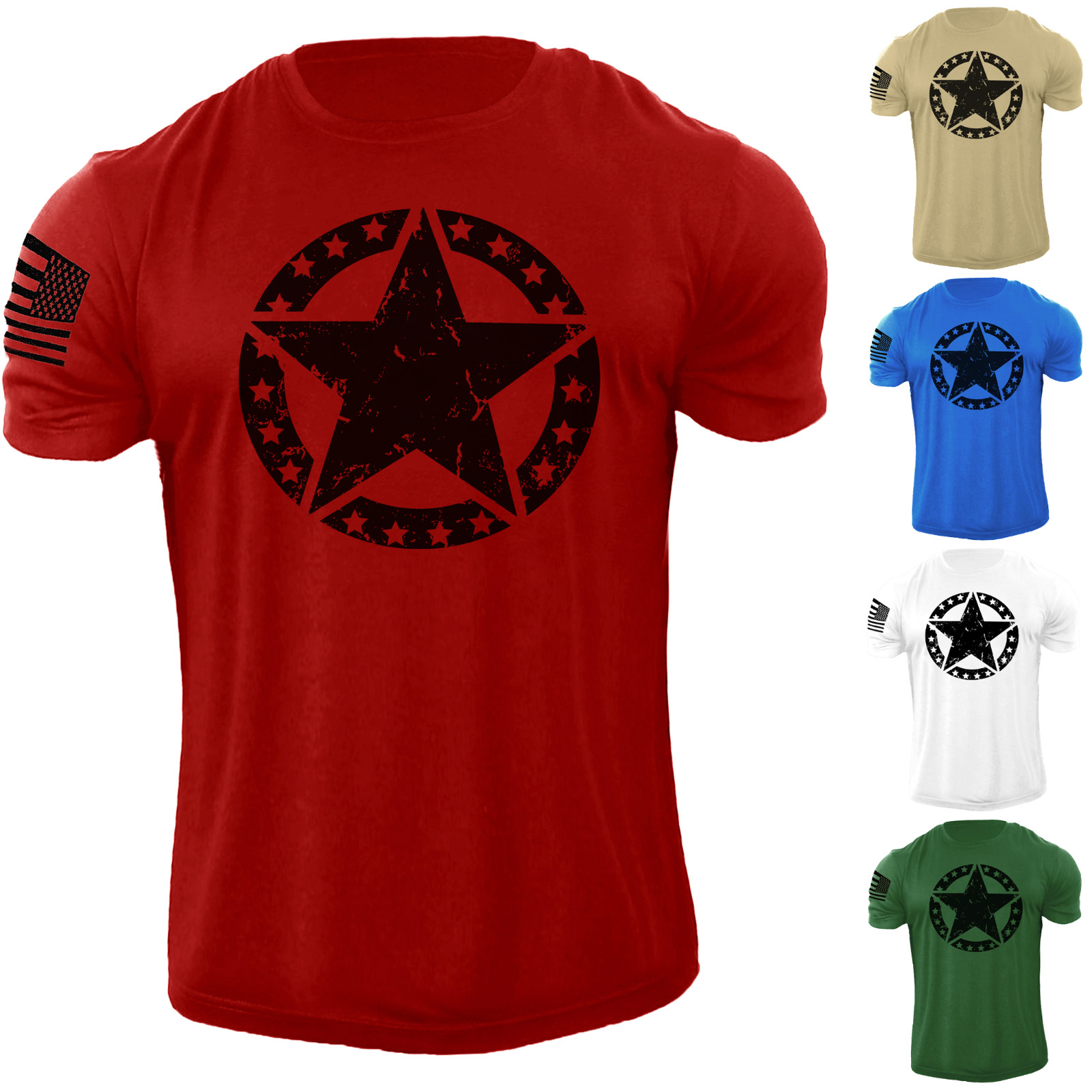 Men’s USA Flag American Army Star T Shirt Patriotic 100% Cotton Tee