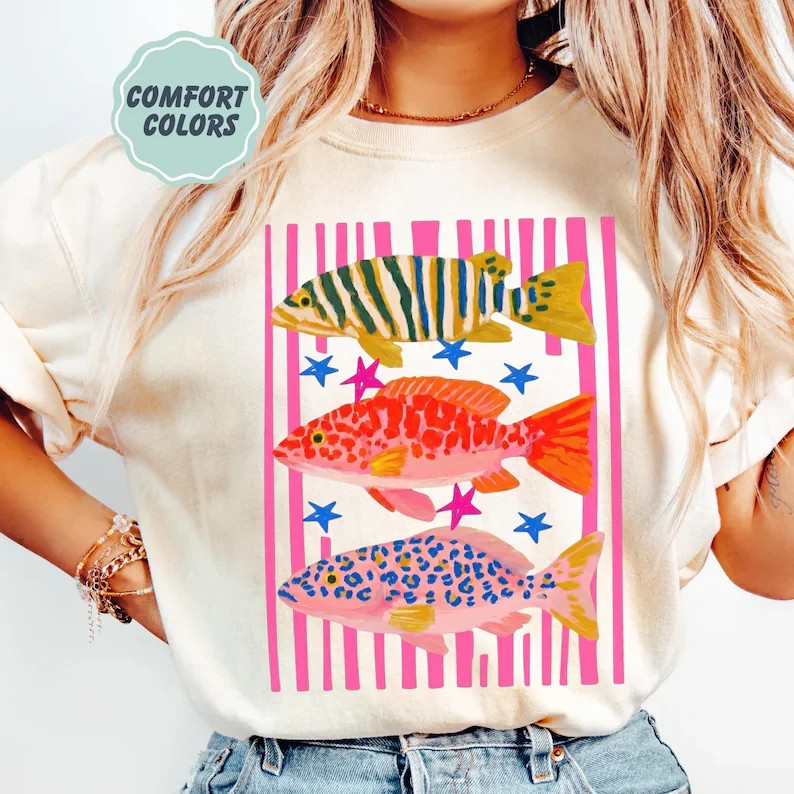 Preppy Coastal Fish Shirt Colorful Summer Graphic Tee Vacation Aesthetic