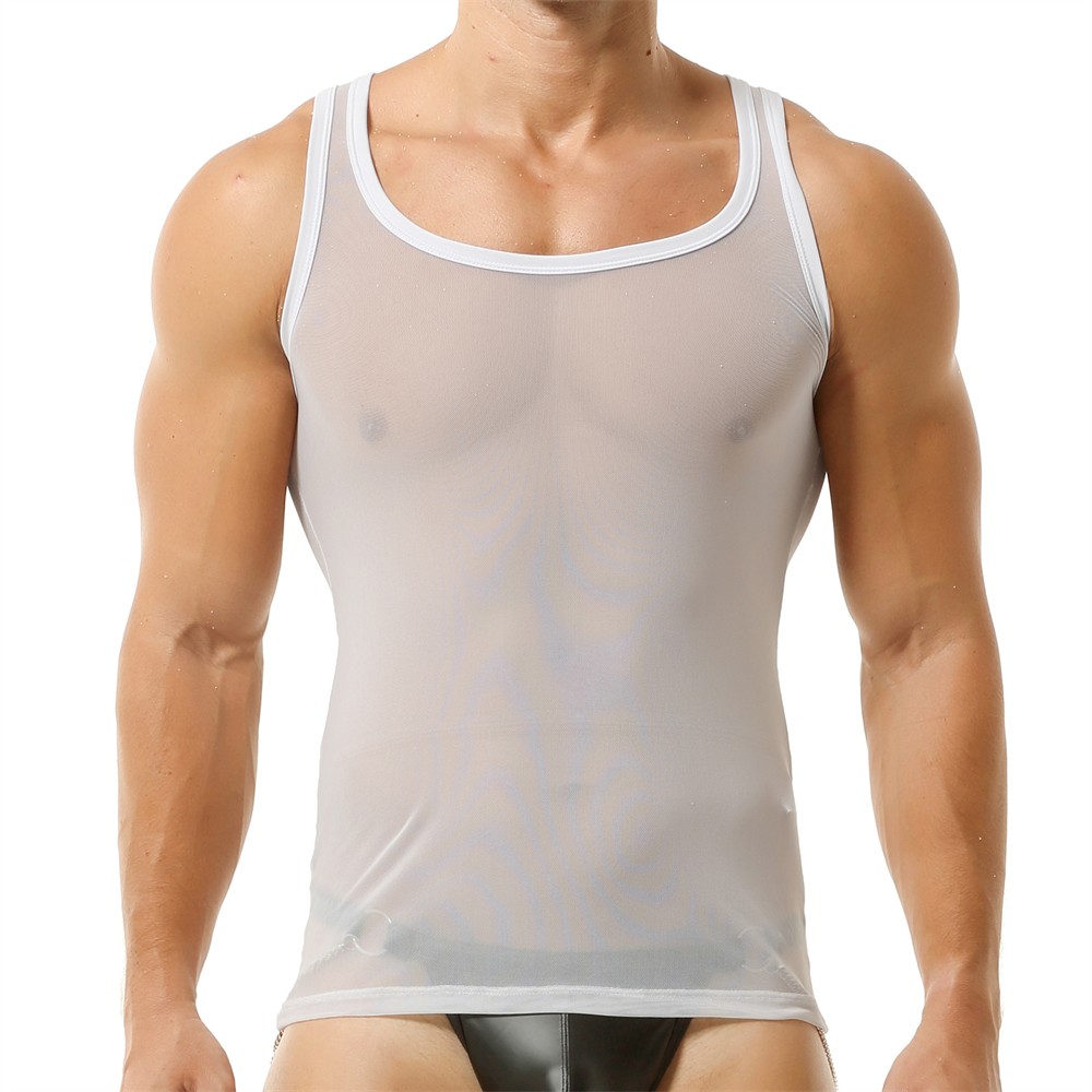 Mens Mesh Sheer See Through Undershirts Sports Casual Sexy T-Shirts Tank Tops