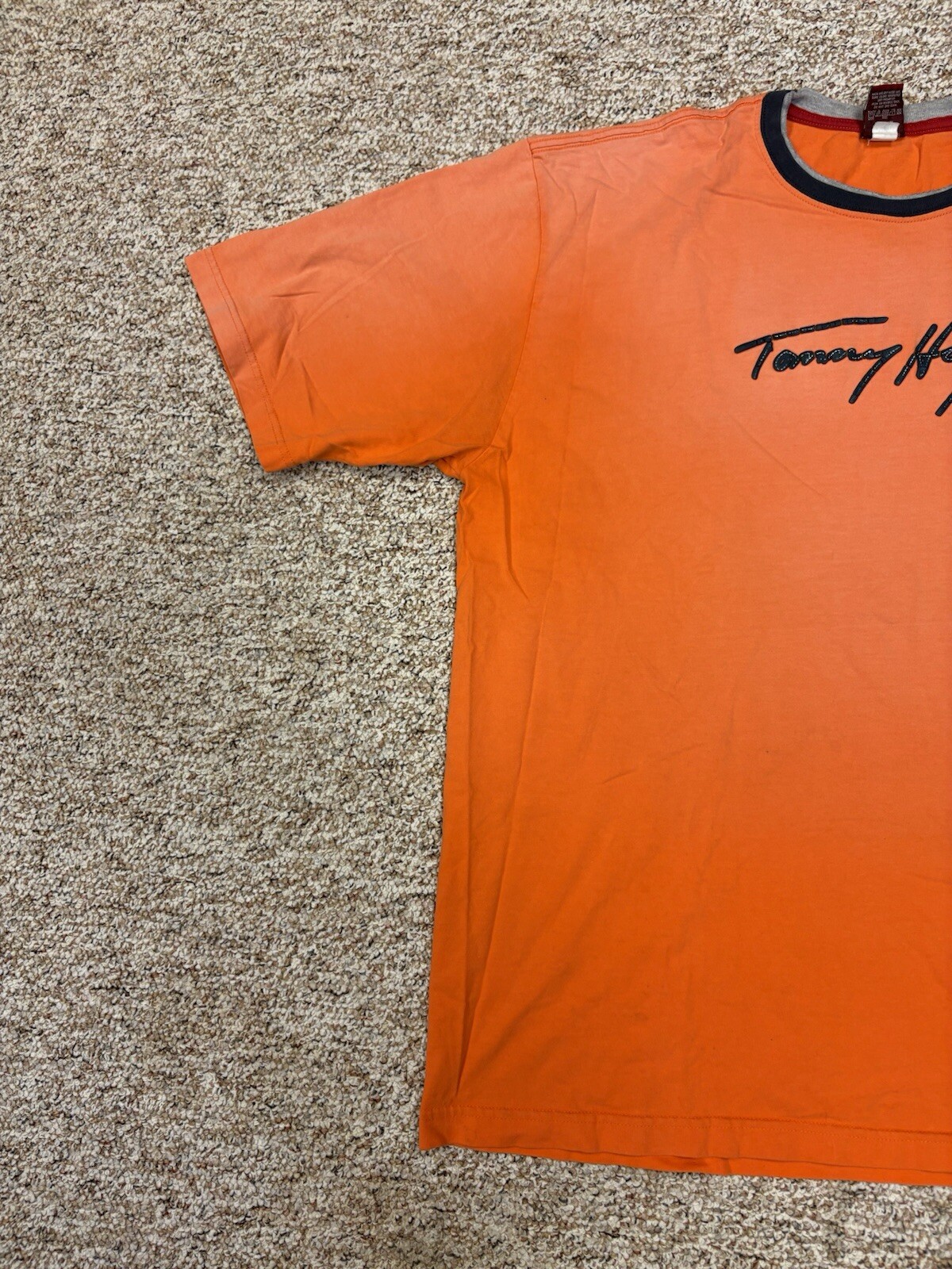Vintage Tommy Hilfiger Denim Burnt Orange T-Shirt Raised Lettering • Size XL