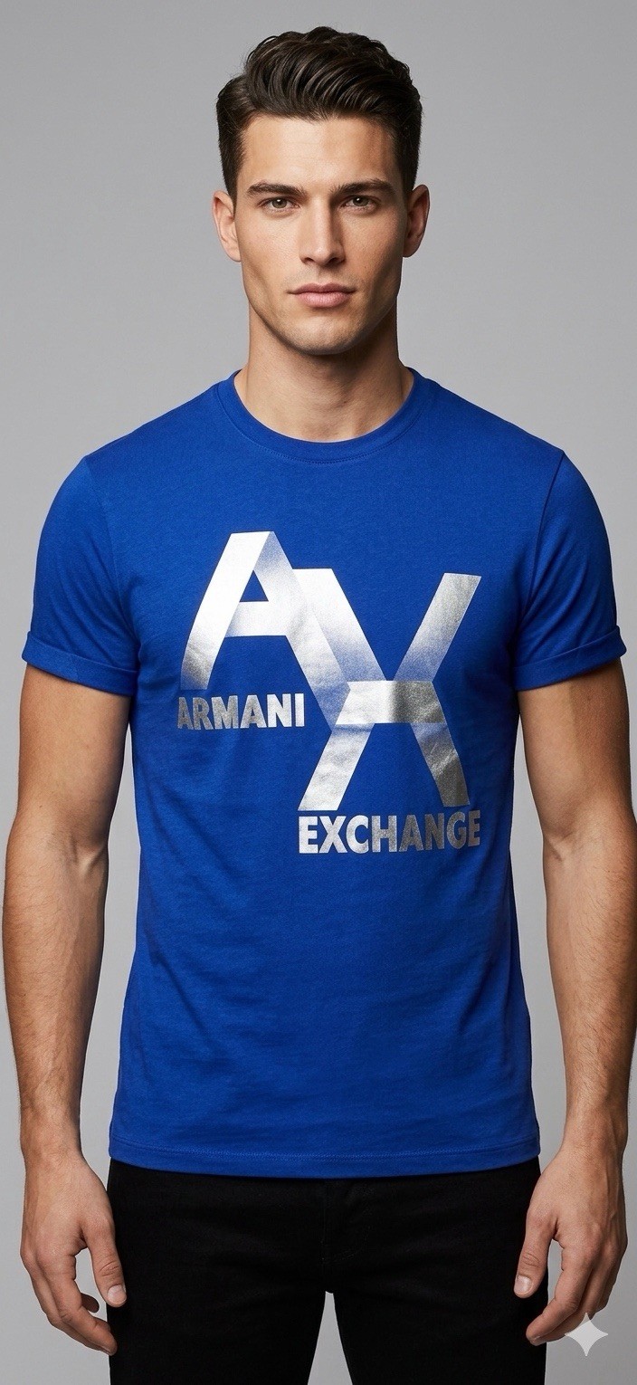 ARMANI EXCHANGE Blue Silver AX LOGO Short Sleeve Slim Fit Designer T-shirt NWT