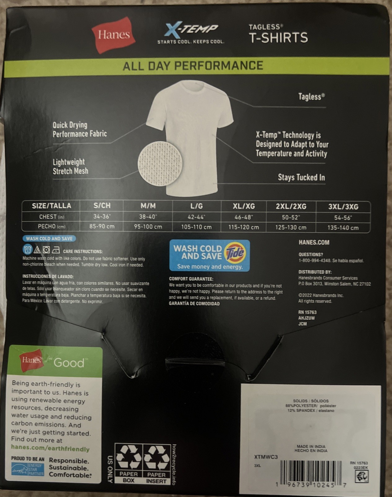 3XL Hanes Men 3 Pack Tagless X-Temp All Day Performance T-Shirts White New