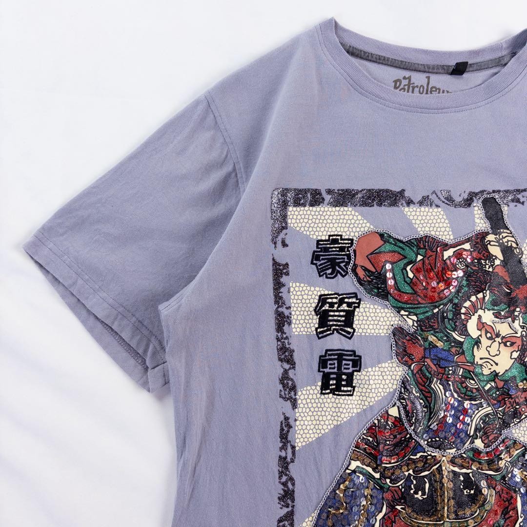 Vintage Petroleum Ukiyo-e Samurai Sequin Beaded Print T-Shirt Ash Purple M