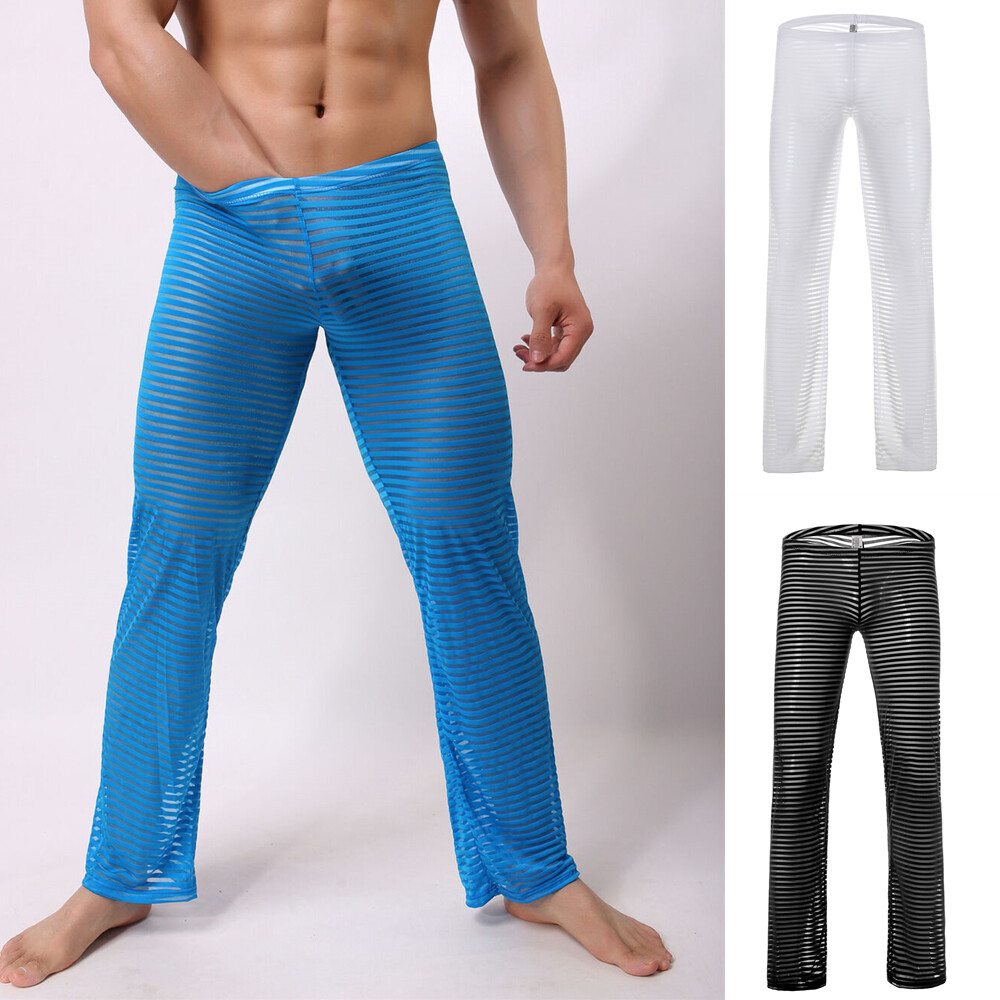 Mens Undershirt Mesh Men See Through Sheer Short Sleeve Sexy T-shirt Long Pants