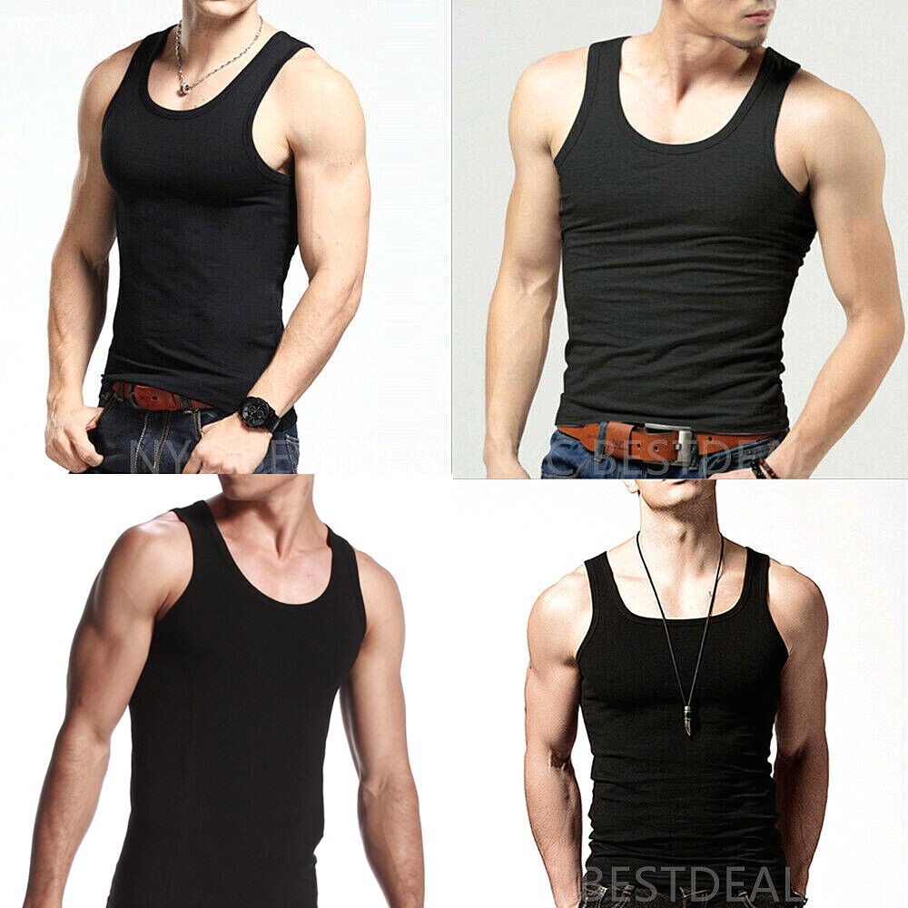3 Packs Mens 100% Cotton Tank Top A-Shirt Wife Beater Undershirt Ribbed Black