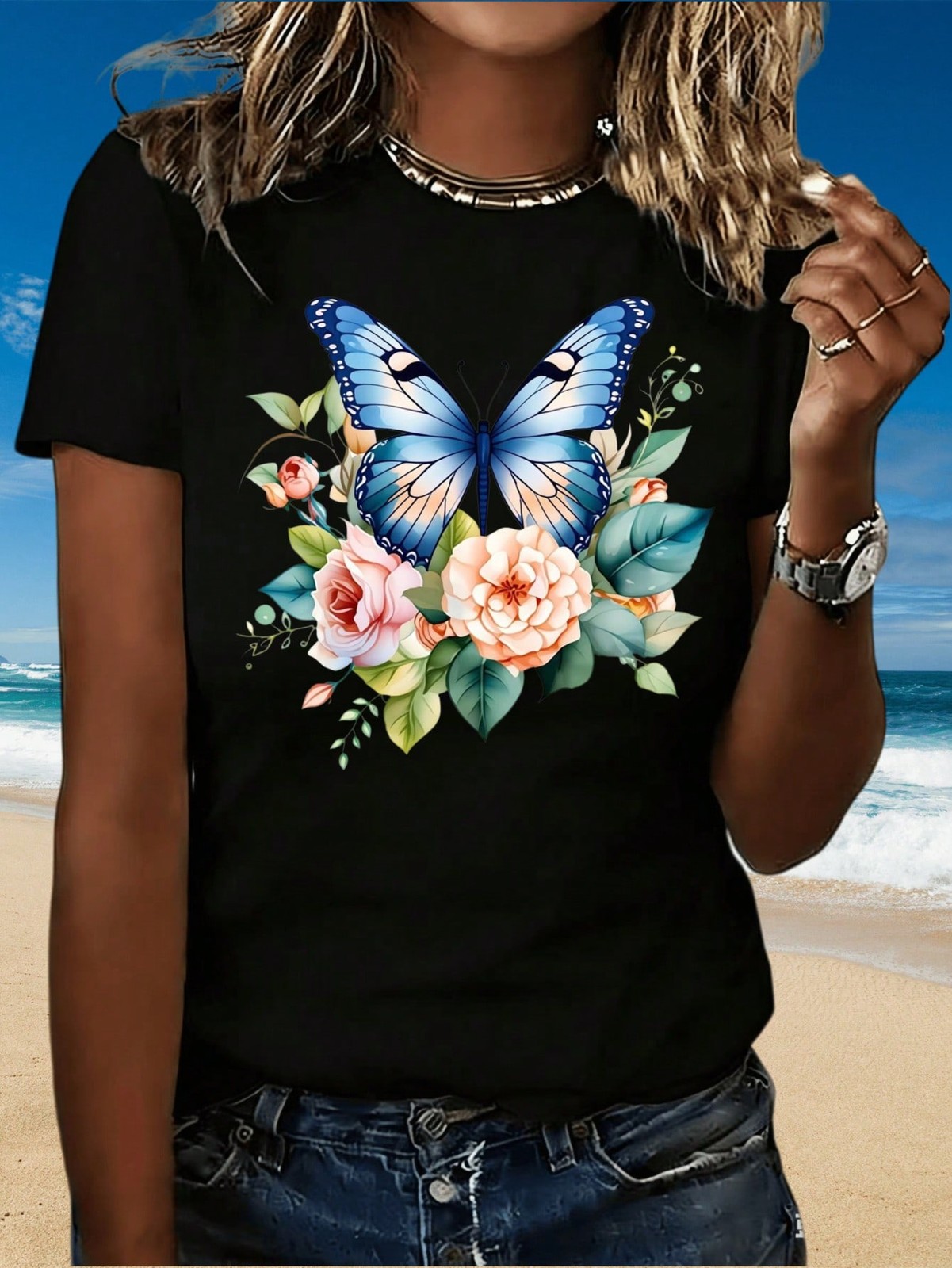 Butterfly Floral Print Women’s Casual T-Shirt Rose And Leaves Design