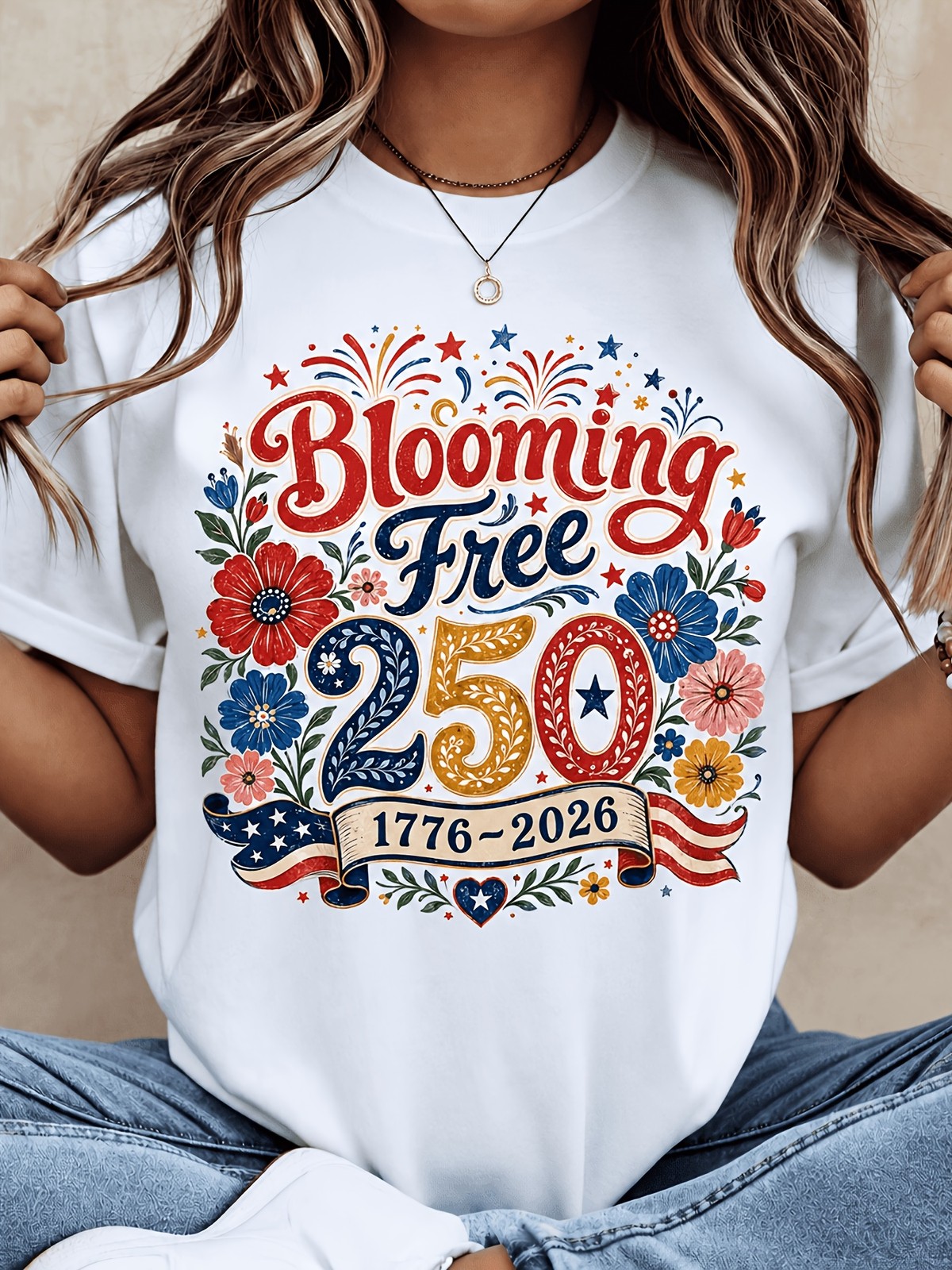 Blooming Free 250 Years T Shirt, Patriotic Flower Ribbon Graphic Tee