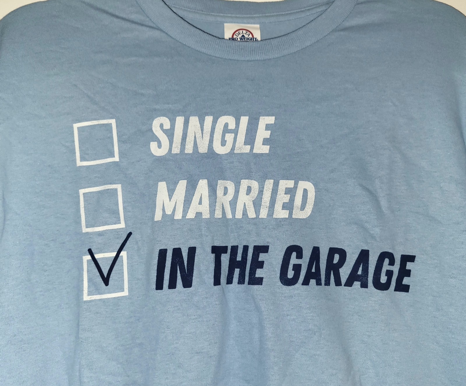 Delta Men’s Light Blue T Shirt In The Garage Size L Large NEW