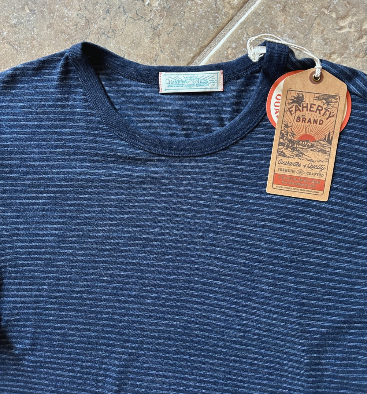 Faherty Vintage Chambray Tee T Shirt Men’s XXL Navy Cove Striped $78 NWT