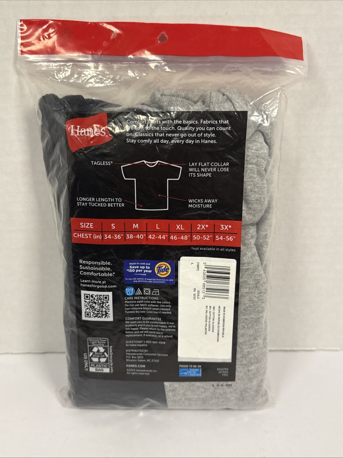 Hanes Color T-shirts Large 42-44 Black-Grey 2-pac Cotton Poly Machine Wash