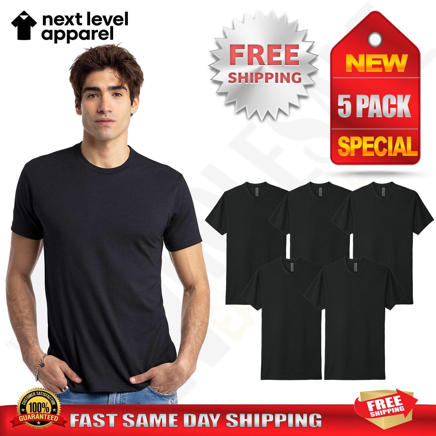 5 PACK OF NEXT LEVEL Plain Tshirt Mens Black T Shirt Blank T-Shirt N6210 XS-4XL