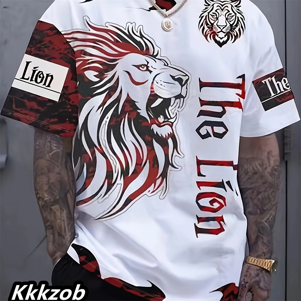 Mens Lion Print Short Sleeve Crew Neck T-Shirt Soft Breathable Casual Wear.