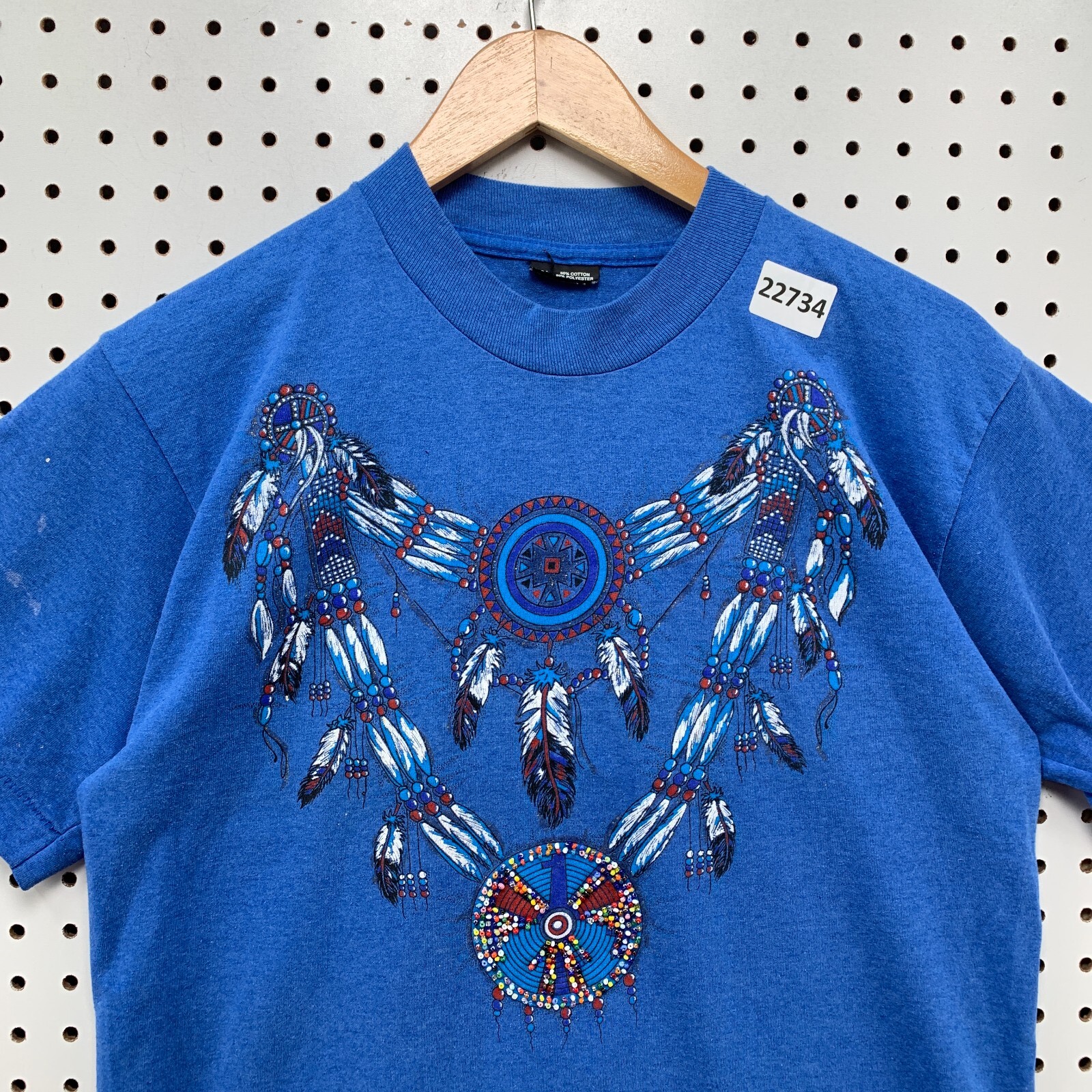 Vintage 90s Indian Dream Catcher Shirt Blue Men Medium Beaded 19×27
