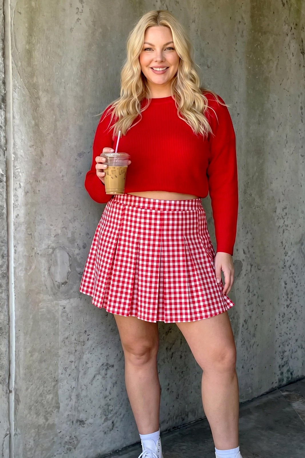Plus Size Red Pink White Checkered Skirts for Women, High Waist Pleated Flare…