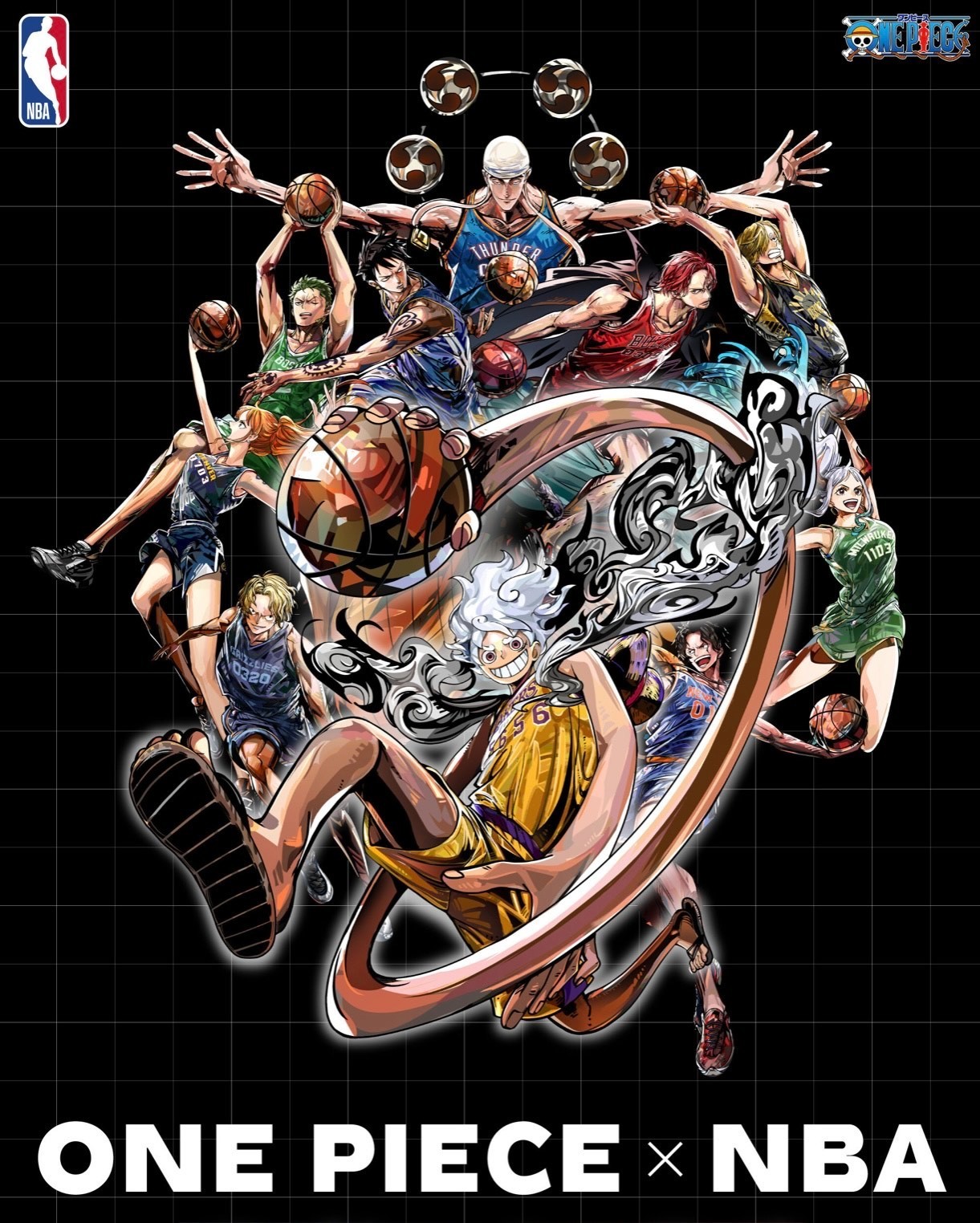 ONE PIECE × NBA T-Shirts Group Art BLACK、White