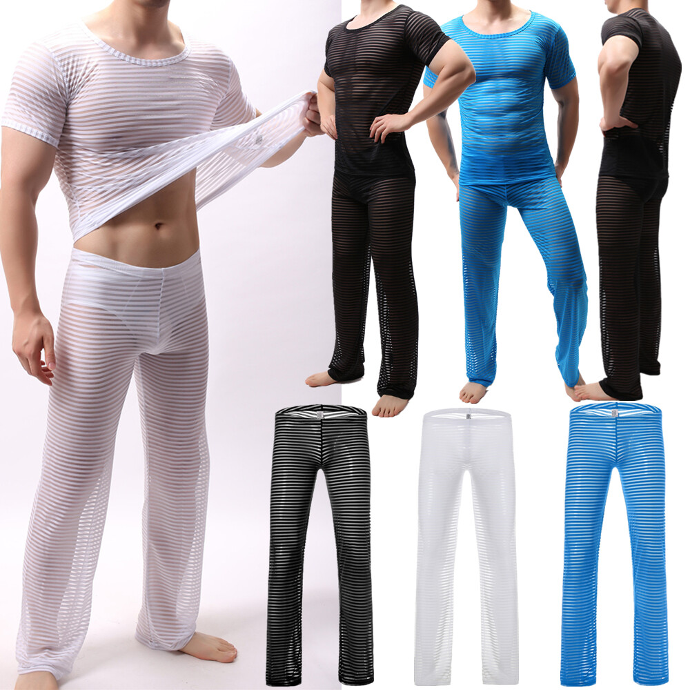 Mens Undershirt Mesh Men See Through Sheer Short Sleeve Sexy T-shirt Long Pants