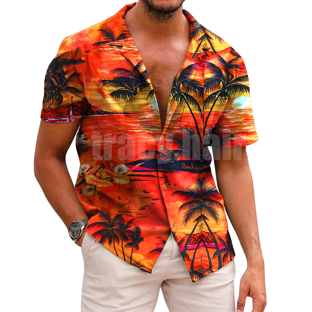 Hawaiian Shirt Mens Button Down Coconut Tree Print Beach Vacation Cruise Party @