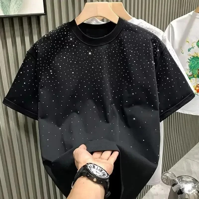 New Men Women Luxury Diamond Rhinestones Black White T-Shirt High Quality