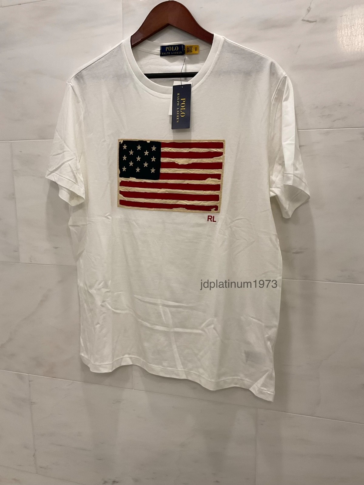 Polo Ralph Lauren White Distressed AMERICAN FLAG Appliqué Short Sleeve T Shirt