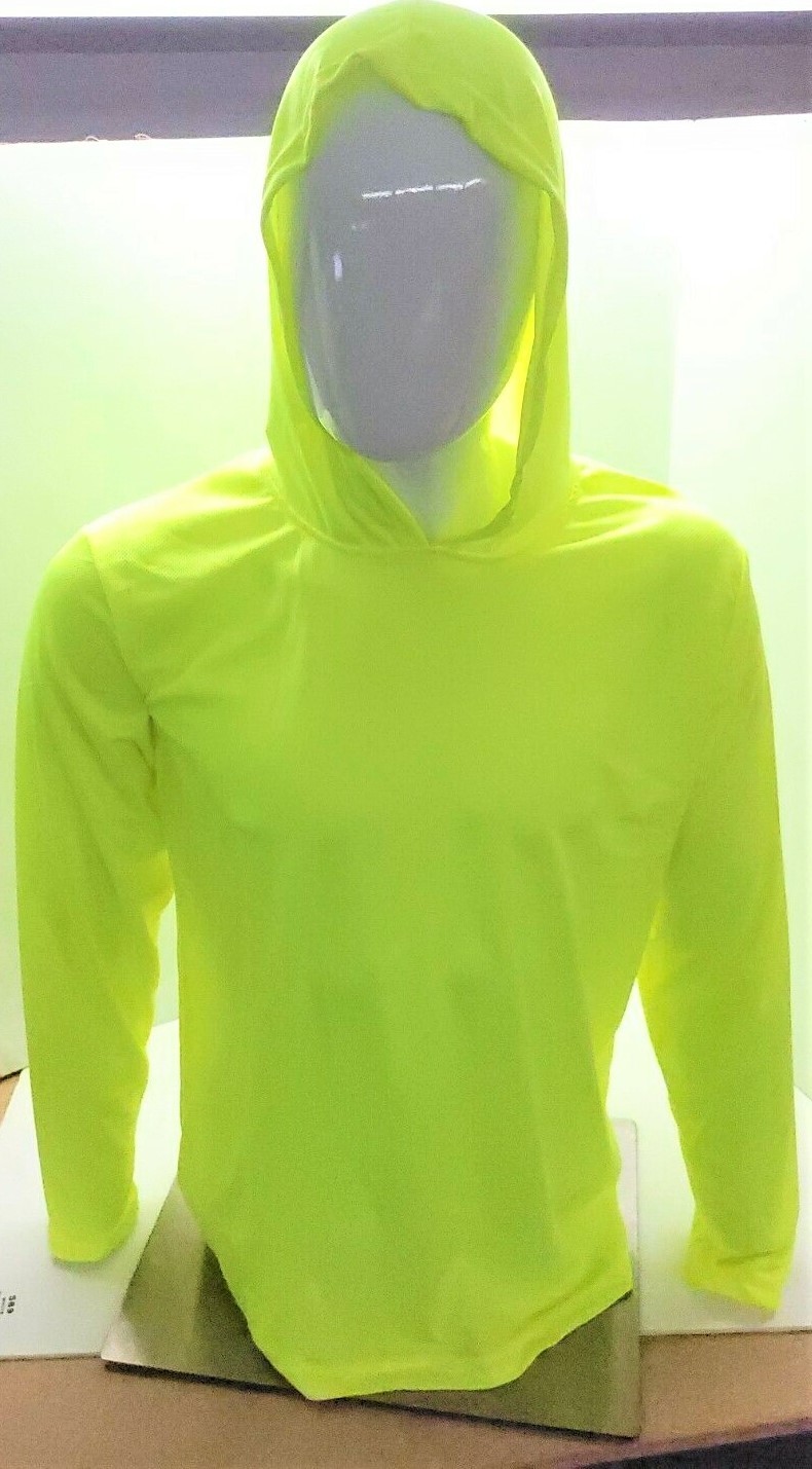 Neon Yellow Long Sleeve Shirt With Hoodie, Polyester birdeye mesh fabric
