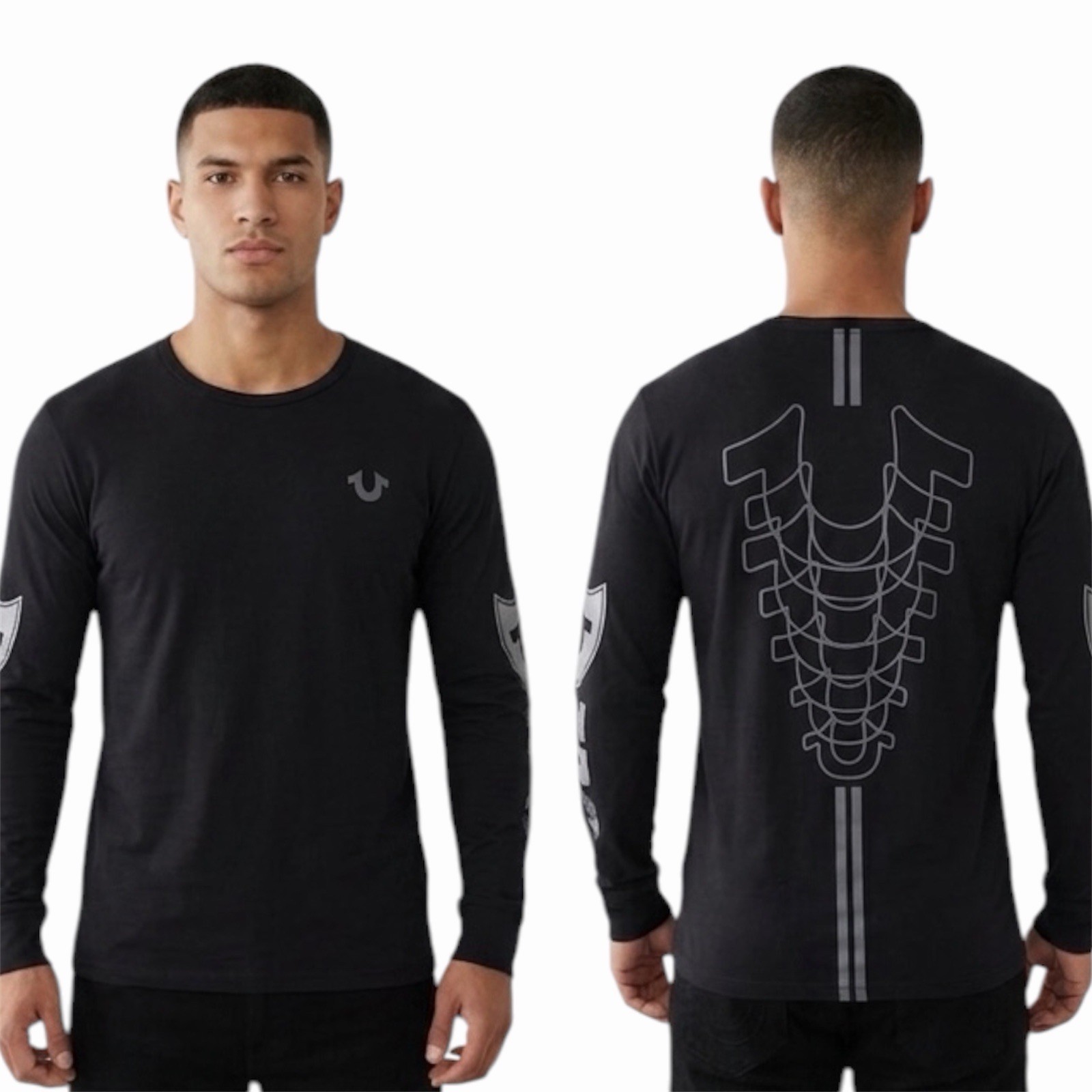 $99 TRUE RELIGION Black MOTO PUFF Horseshoe Long Sleeve Designer Graphic T-shirt