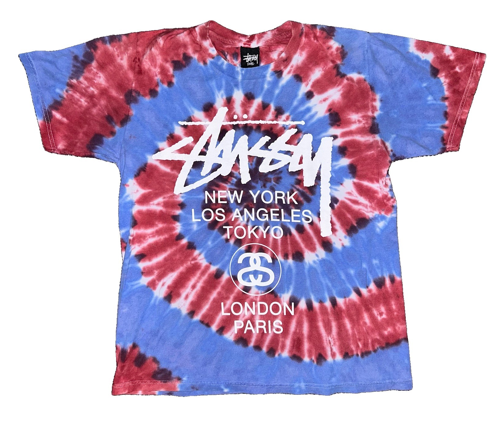 Vintage Y2K Stussy World Tour Tie Dye Skate T Shirt Mens Small Rare 2000s Skater