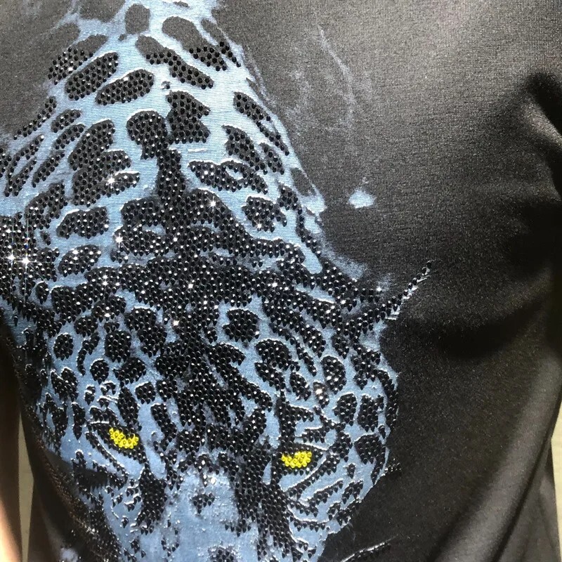 New Men Luxury Leopard Rhinestones Fashion Black White T-Shirt High Quality