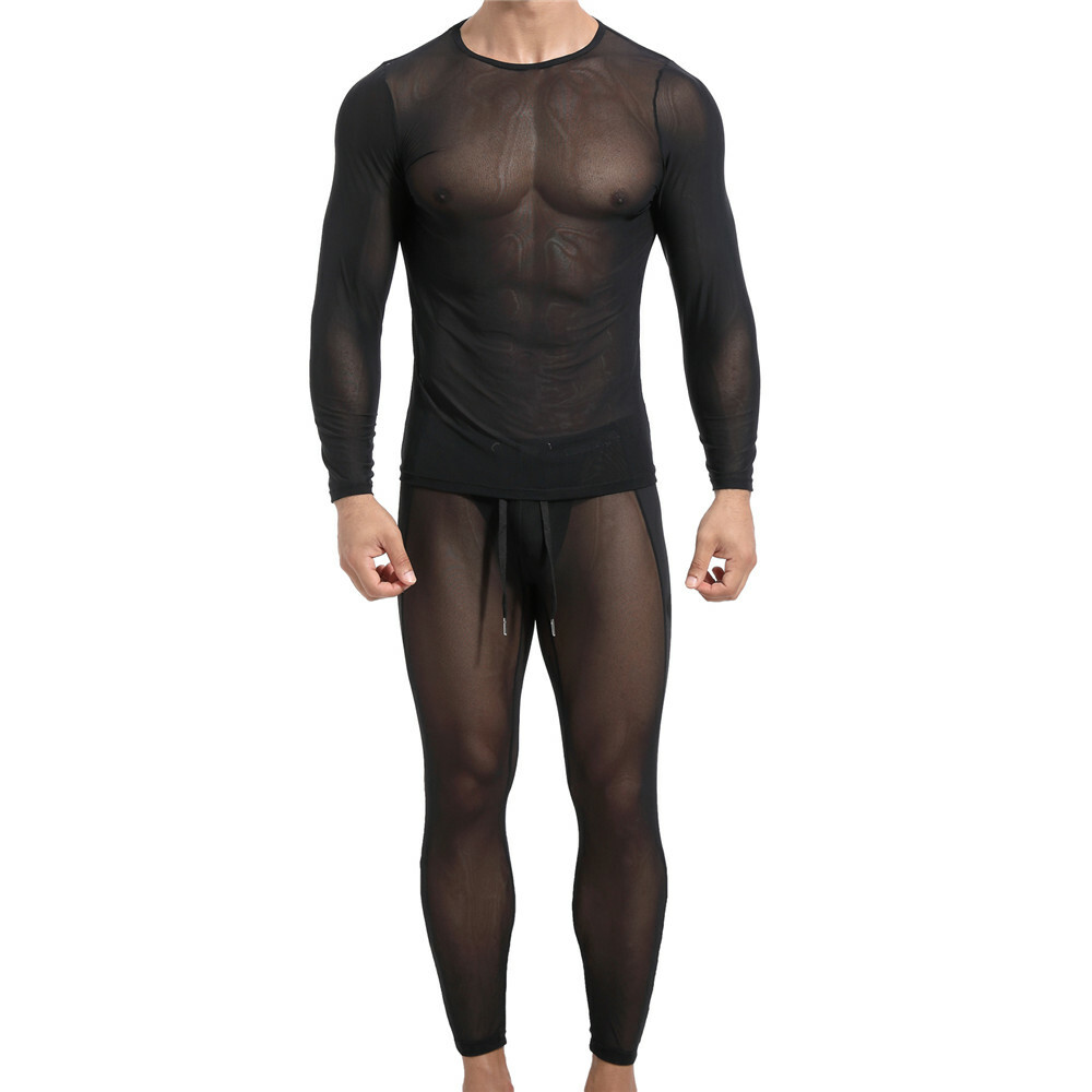 Sexy Mens Top Pants Mesh Perspective Fitness Suit Casual Home Wear T-shirt Pants