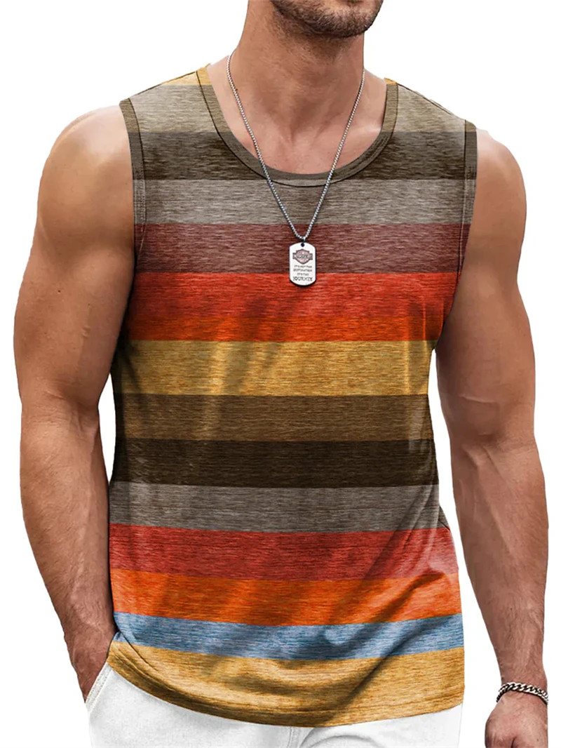 Retro Striped 3D Graphic Tank Top for Men – Sleeveless Quick-Dry Summer Vest