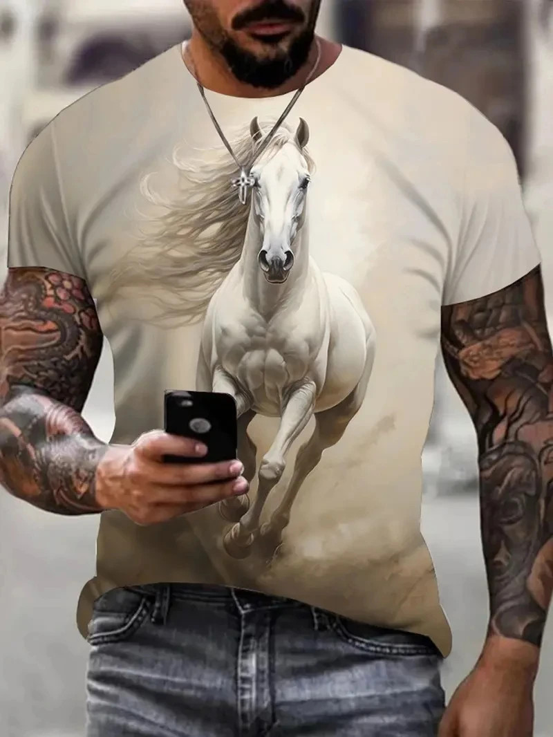 Mens 3D Horse Graphic T-Shirt Short Sleeve Animal Print Streetwear Tee