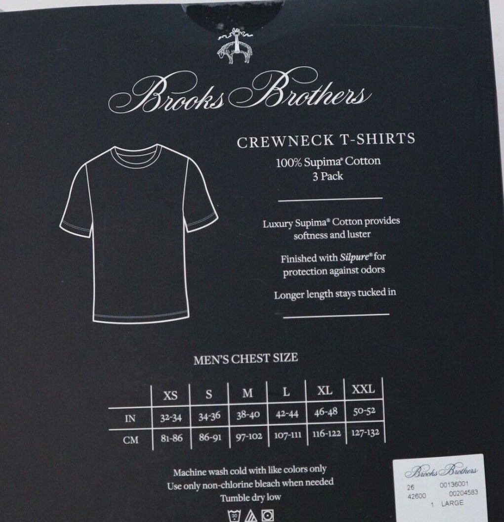 Brooks Brothers 1818 Men’s Crewneck Cotton Undershirt Black w/ logo 3pcs/Pack