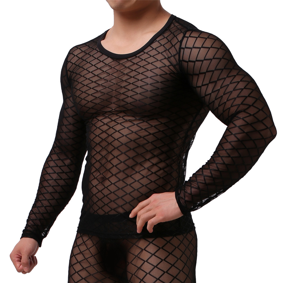 Fetish Mens Underwear Sheer Mesh Muscle T-Shirt Tank Tops Long Johns Trousers