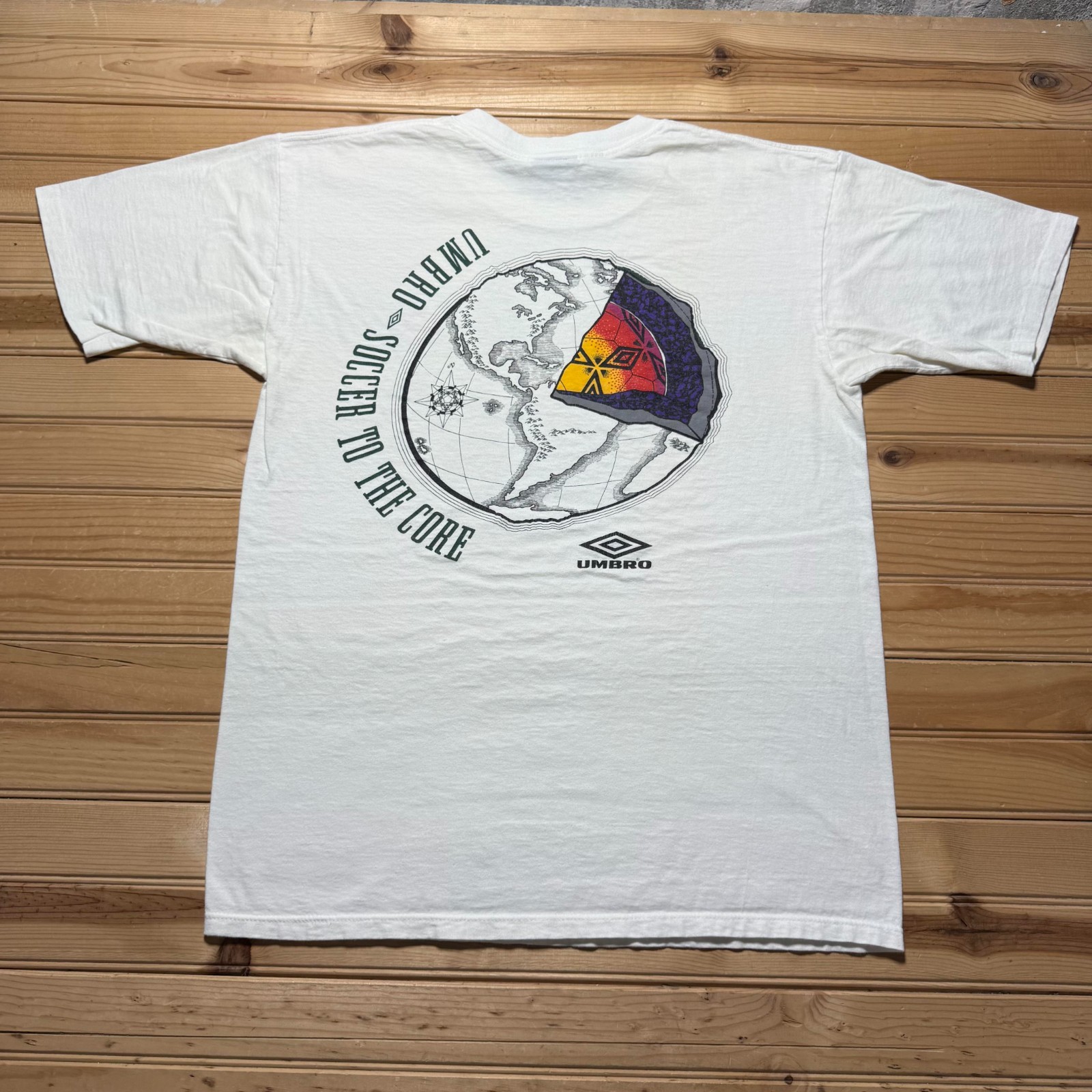 Vintage 90s Umbro Soccer To The Core Globe Sports Graphic T-Shirt USA – Large