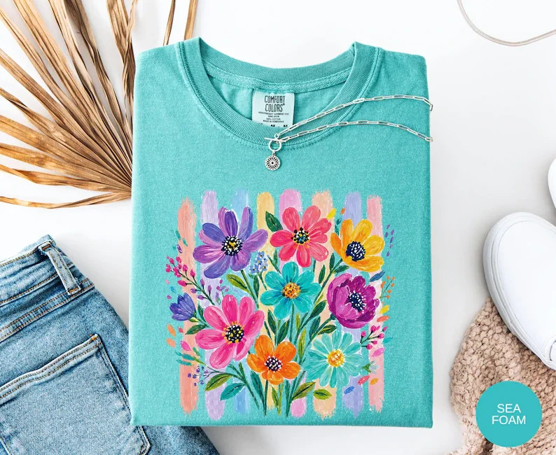 Colorful Floral Graphic Tee Hand Painted Flower Shirt Sea Foam Comfort Colors