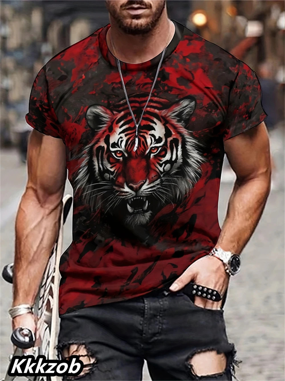 Mens Lion Print Short Sleeve Crew Neck T-Shirt Soft Breathable Casual Wear.