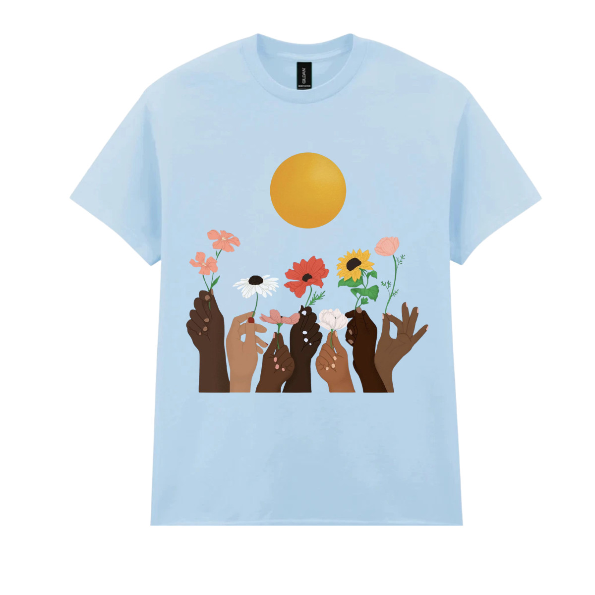 Diversity Hands Holding Flowers T-Shirt Boho Floral Sun Graphic Tee Light Blue