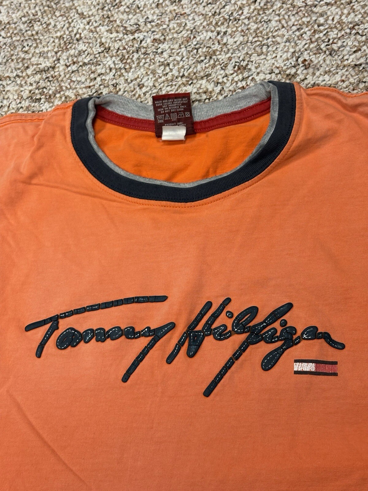 Vintage Tommy Hilfiger Denim Burnt Orange T-Shirt Raised Lettering • Size XL