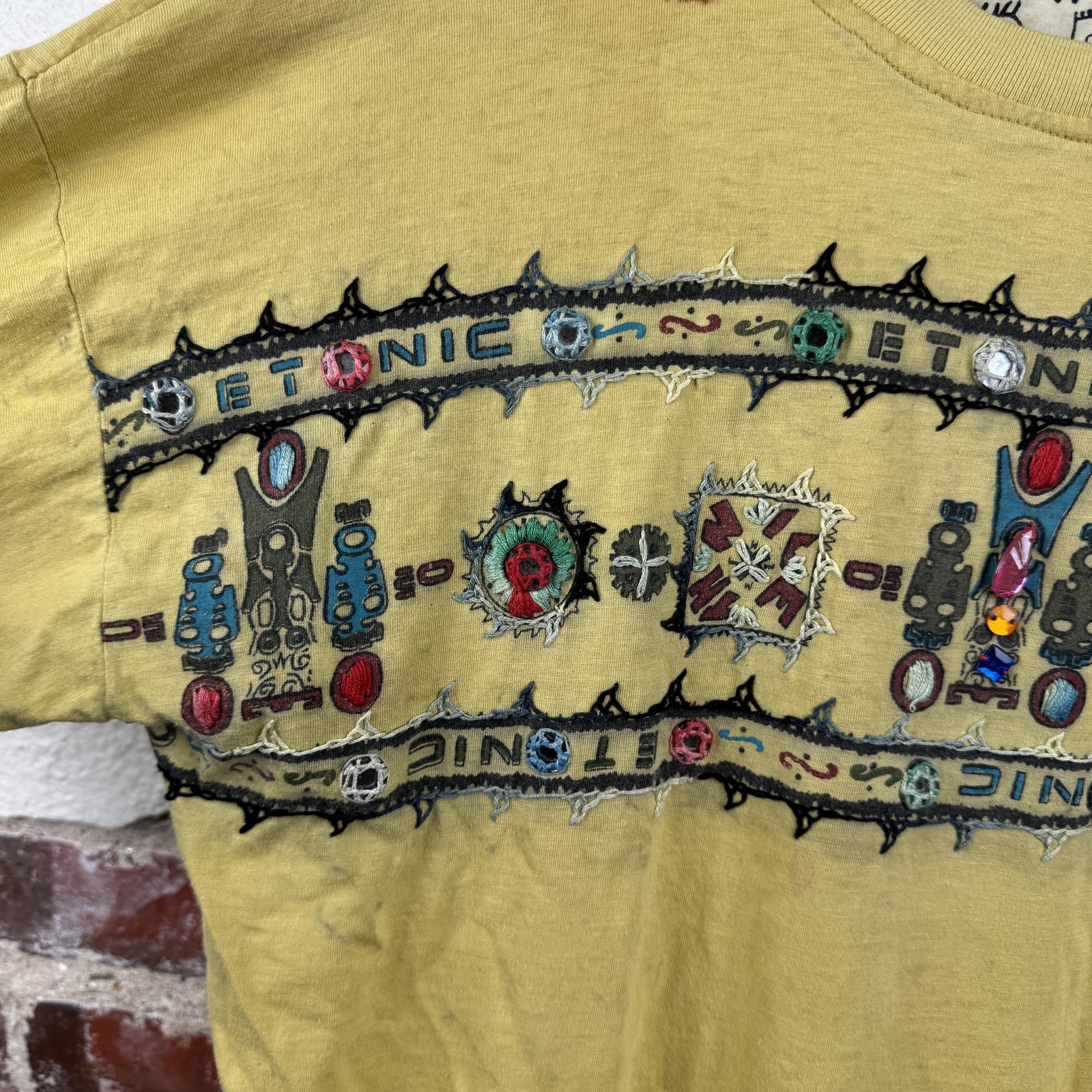 Vintage 2 Of Us Shirt Size Medium Yellow Ethnic Beaded Embroidered Boho 90s