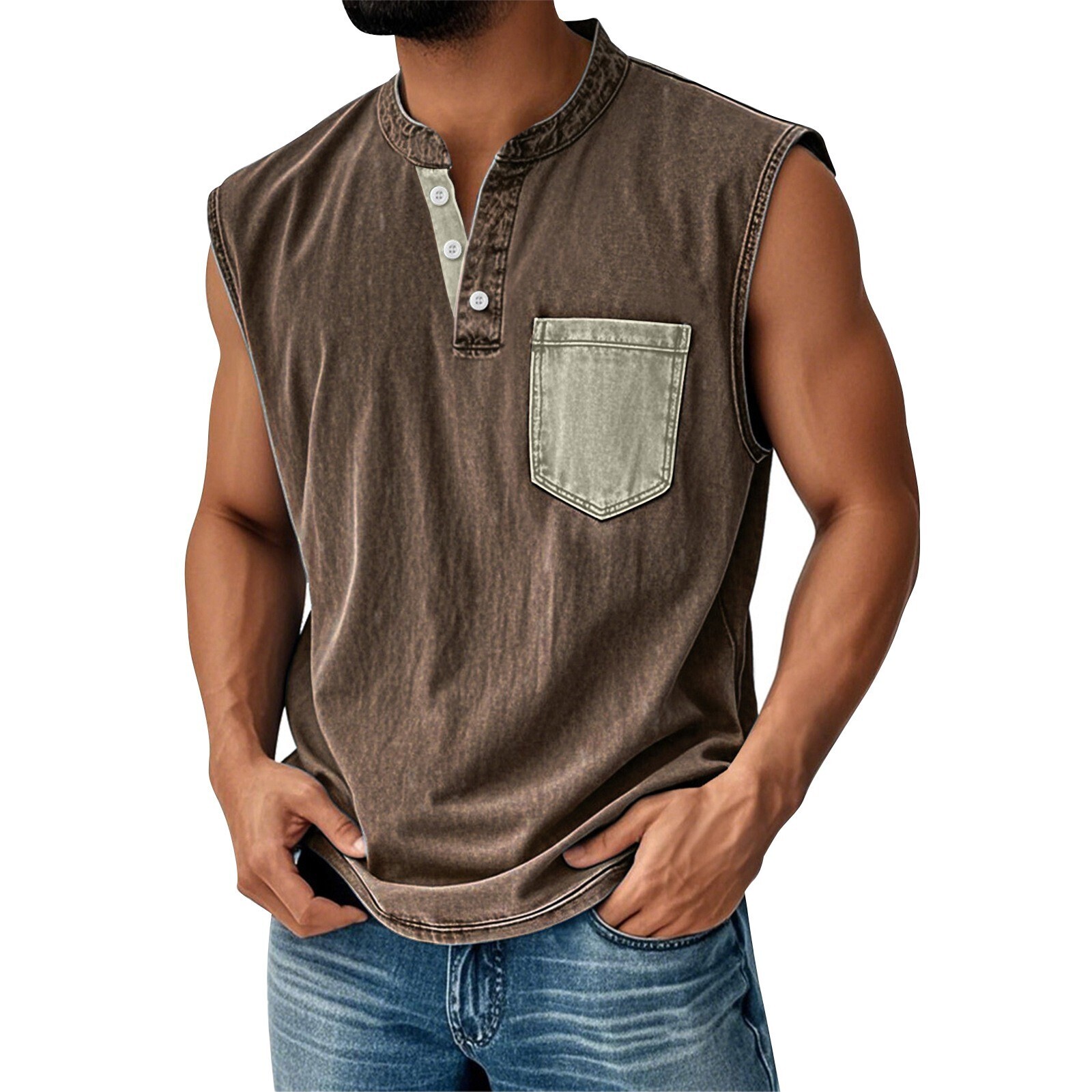 Men Sleeveless Beach Shirts Summer Hawaiian Shirts Casual Button Henley Tank Top