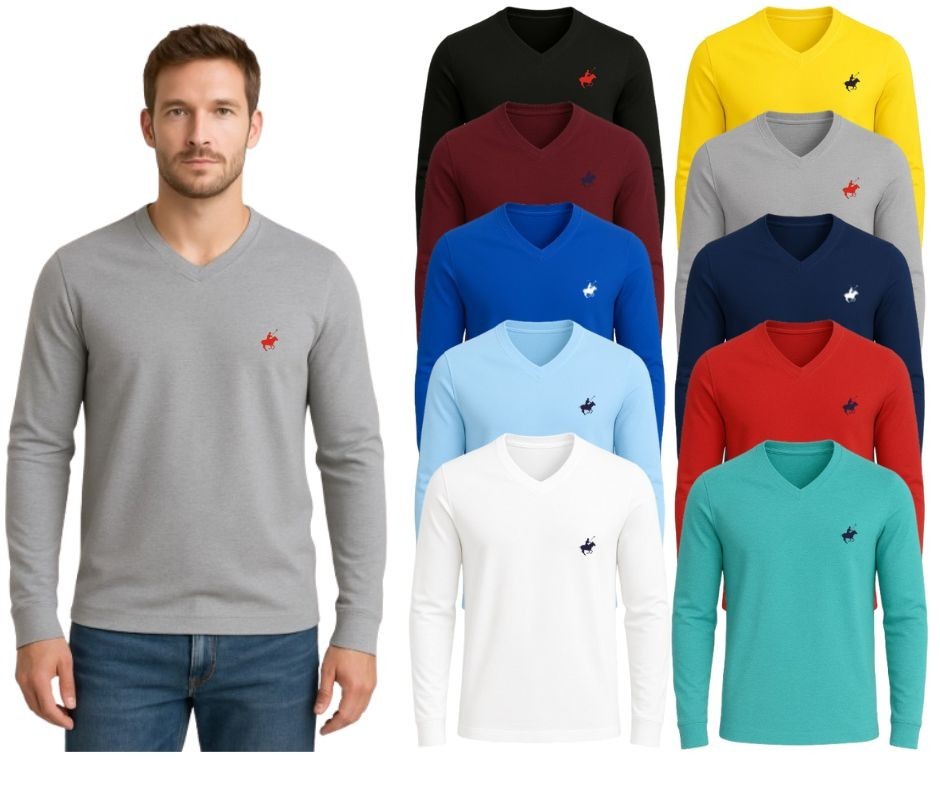 Men’s 100% Cotton Long Sleeve V-Neck (4-Pack)