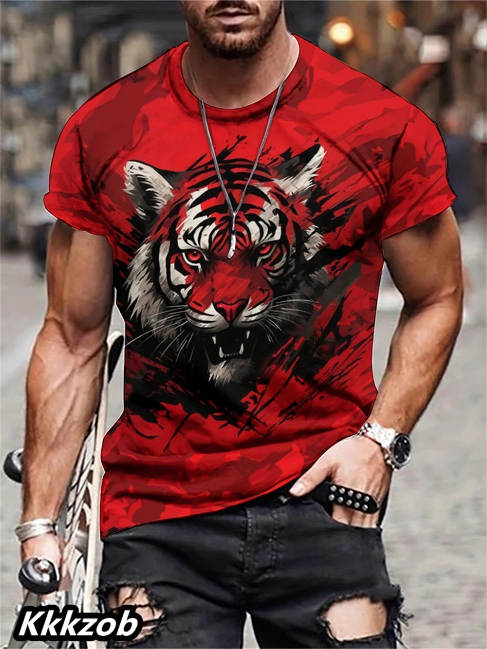 Mens Lion Print Short Sleeve Crew Neck T-Shirt Soft Breathable Casual Wear.
