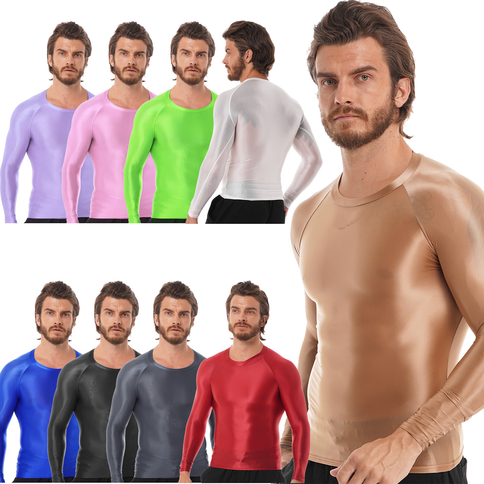 Men’s Glossy See Through Tights Suit Long Sleeve Shirts with Fitness Pantyhose