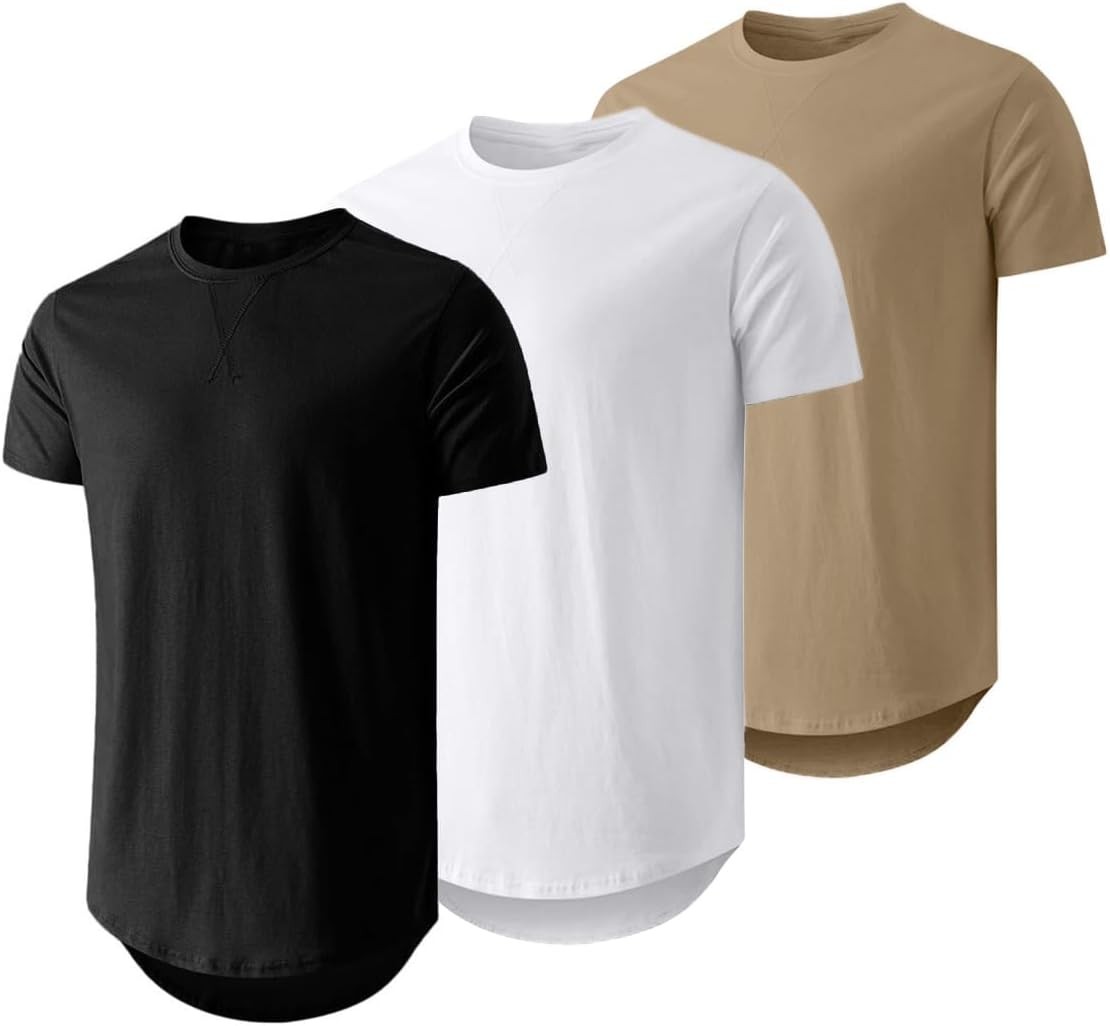 Mens 3 Pack Cotton Longline Crewneck T-Shirts Casual Hipster Fit Tee Set