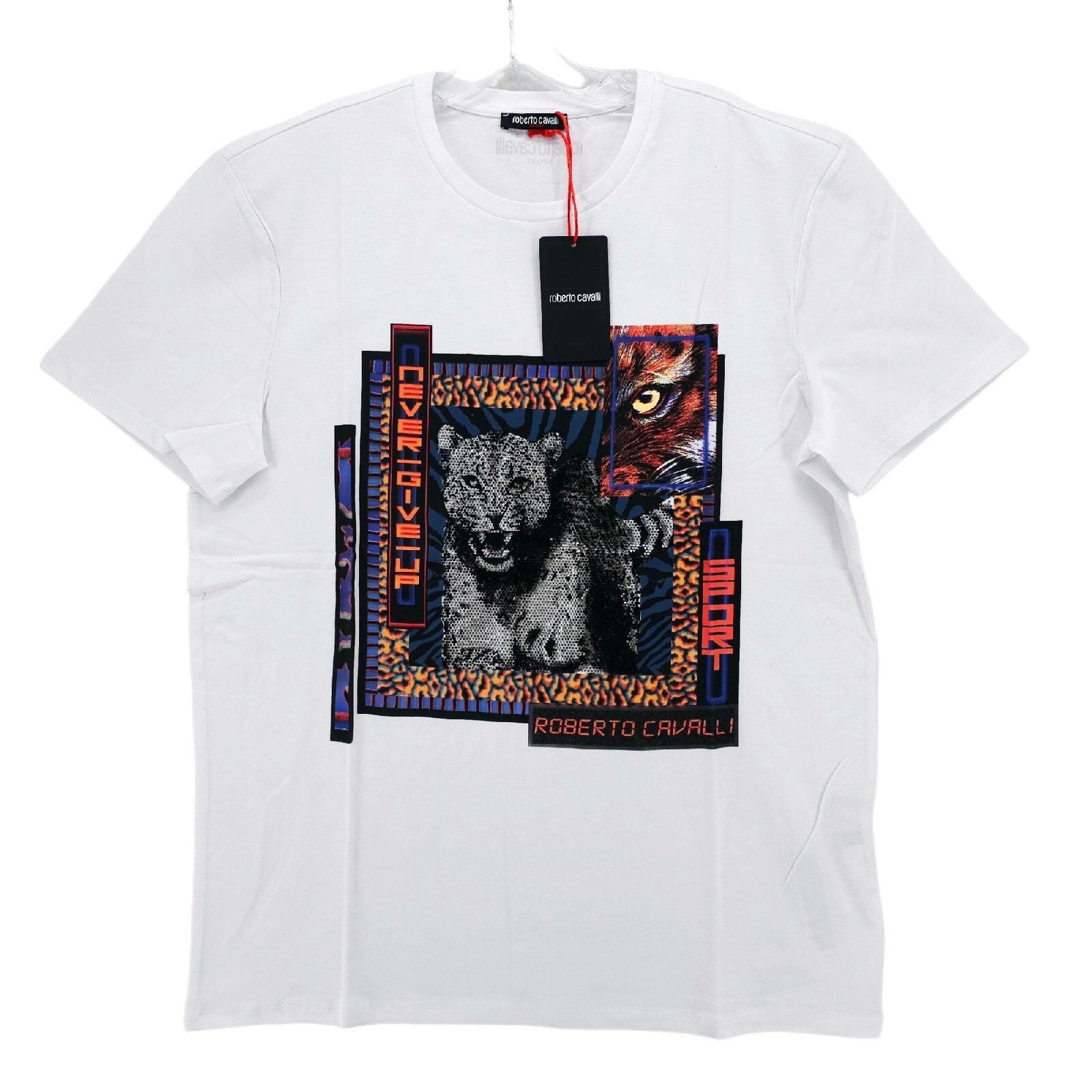 NWT ROBERTO CAVALLI Graphic Men’s T-Shirt Beaded Animals Never Give Up Size XL