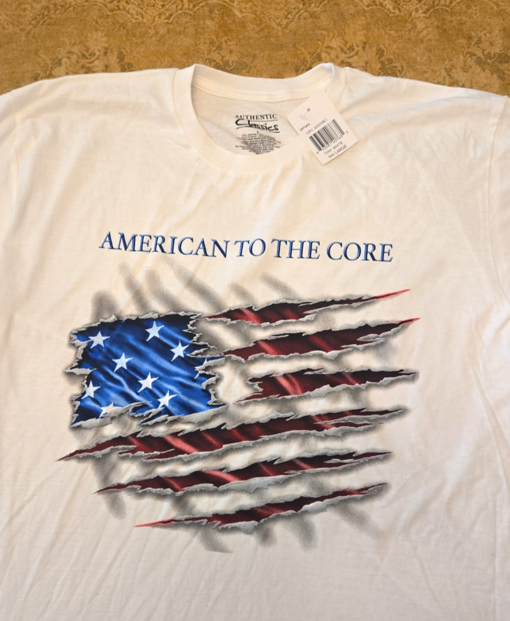 “AMERICAN TO THE CORE” Red, White & Blue” White T-shirt. Sz. Large. * NWT *