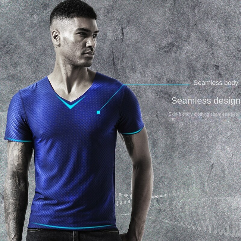 Men’s Undershirts Ice Silk T-Shirt Short Sleeve Seamless V-Neck Short Shirt