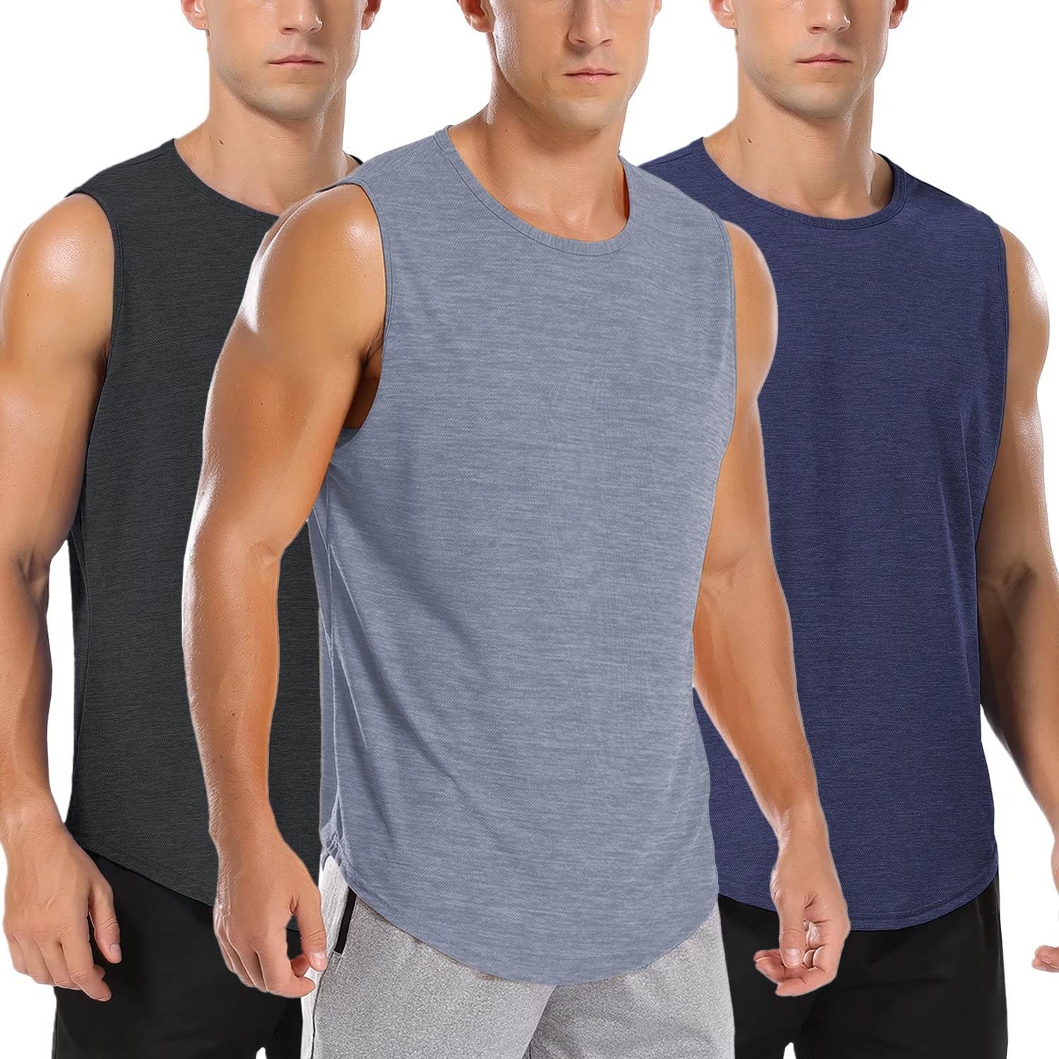 Mens 3 Pack Gym Tank Tops Dry Fit Running Basketball Workout Muscle Tee Strin…